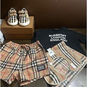 Burberry swim trunks,bib,shirt and shoes